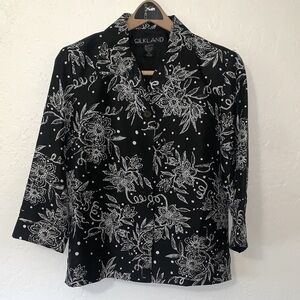 SilkLand Vintage Women's Black and White Silk Floral Blazer